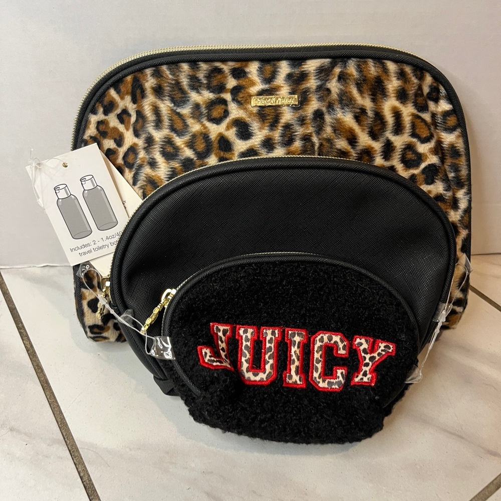 Juicy Couture Set Of 3 Black & Leopard Travel Make Up Toiletry Cosmetic Bags NWT - Picture 8 of 13